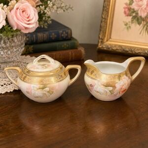 RS Germany Hand Painted Sugar Bowl & Creamer Set Pink Roses Gold Gilt Porcelain*